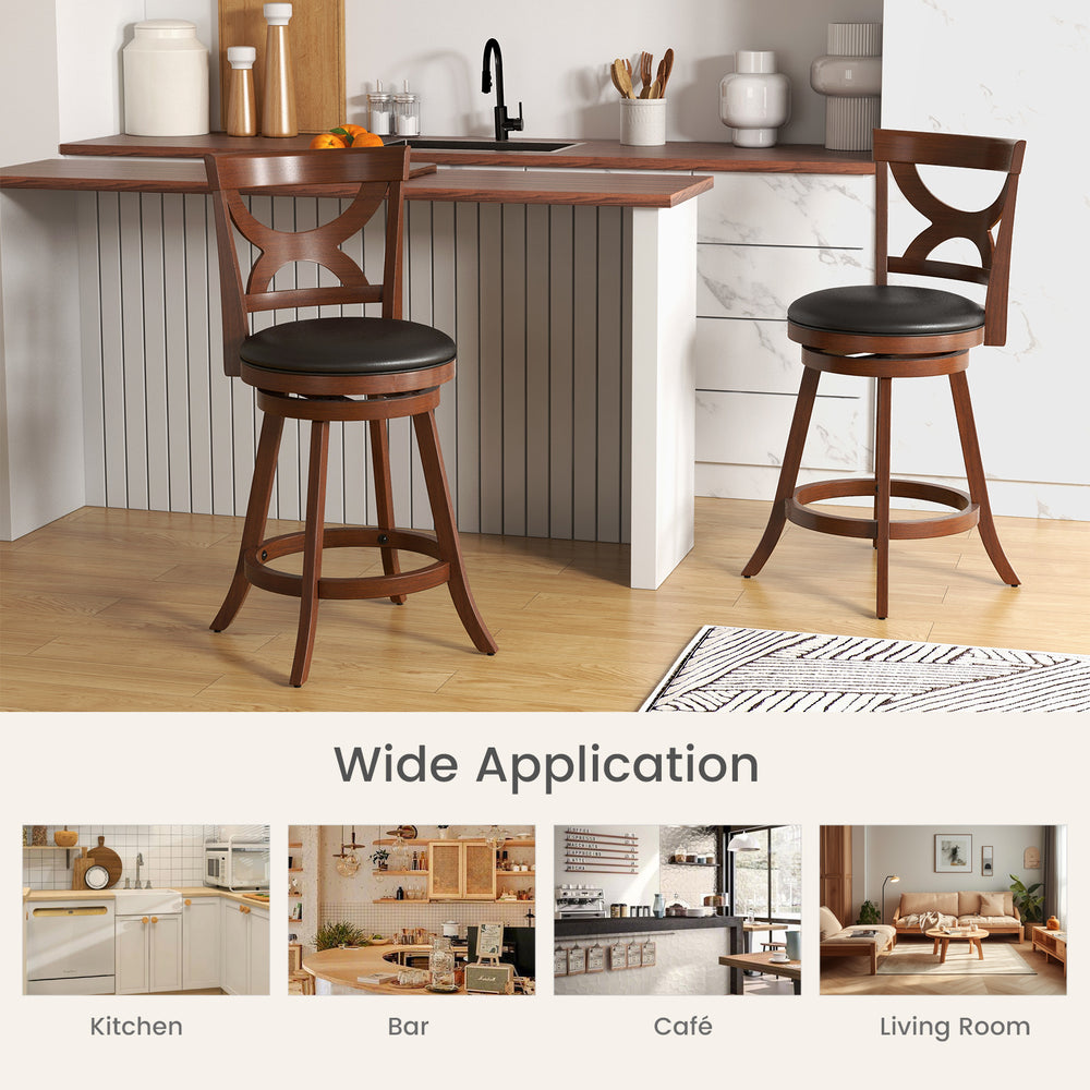 Set of 2 swivel bar stools with soft cushion and elegant hollow backrest, ideal for kitchen or café use.