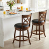 Set of 2 swivel bar stools with high backrests and wood frames, featuring PVC leather seats for kitchen island use.