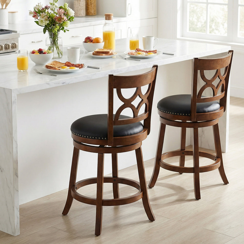 Set of 2 swivel bar stools with high backrests and wood frames, featuring PVC leather seats for kitchen island use.