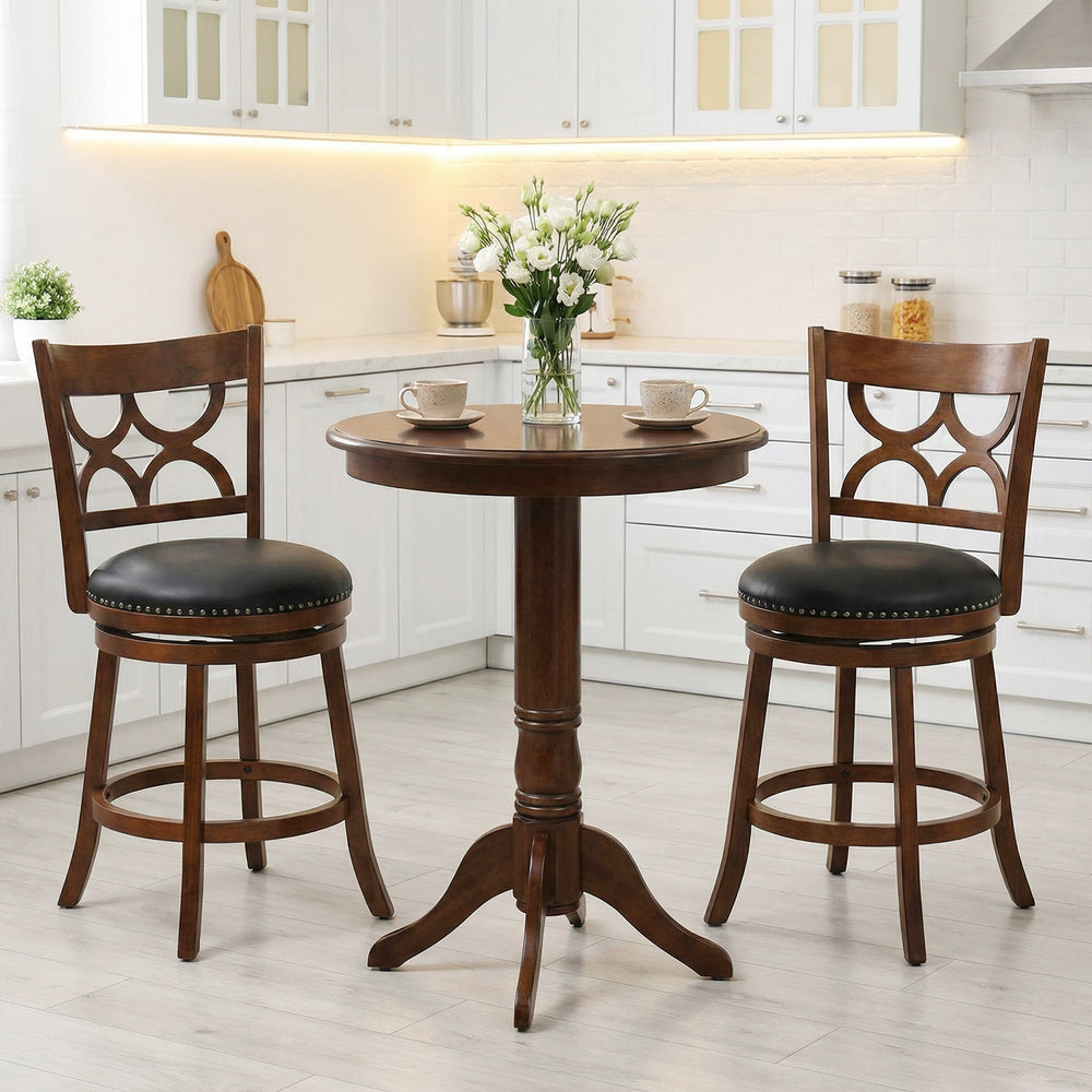 Swivel bar stools set of 2 with high backrests and wood frames, perfect for kitchen islands and dining rooms.