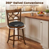 Swivel bar stool with high backrest and wood frame, featuring 360° rotation and PVC leather seat for kitchen use.