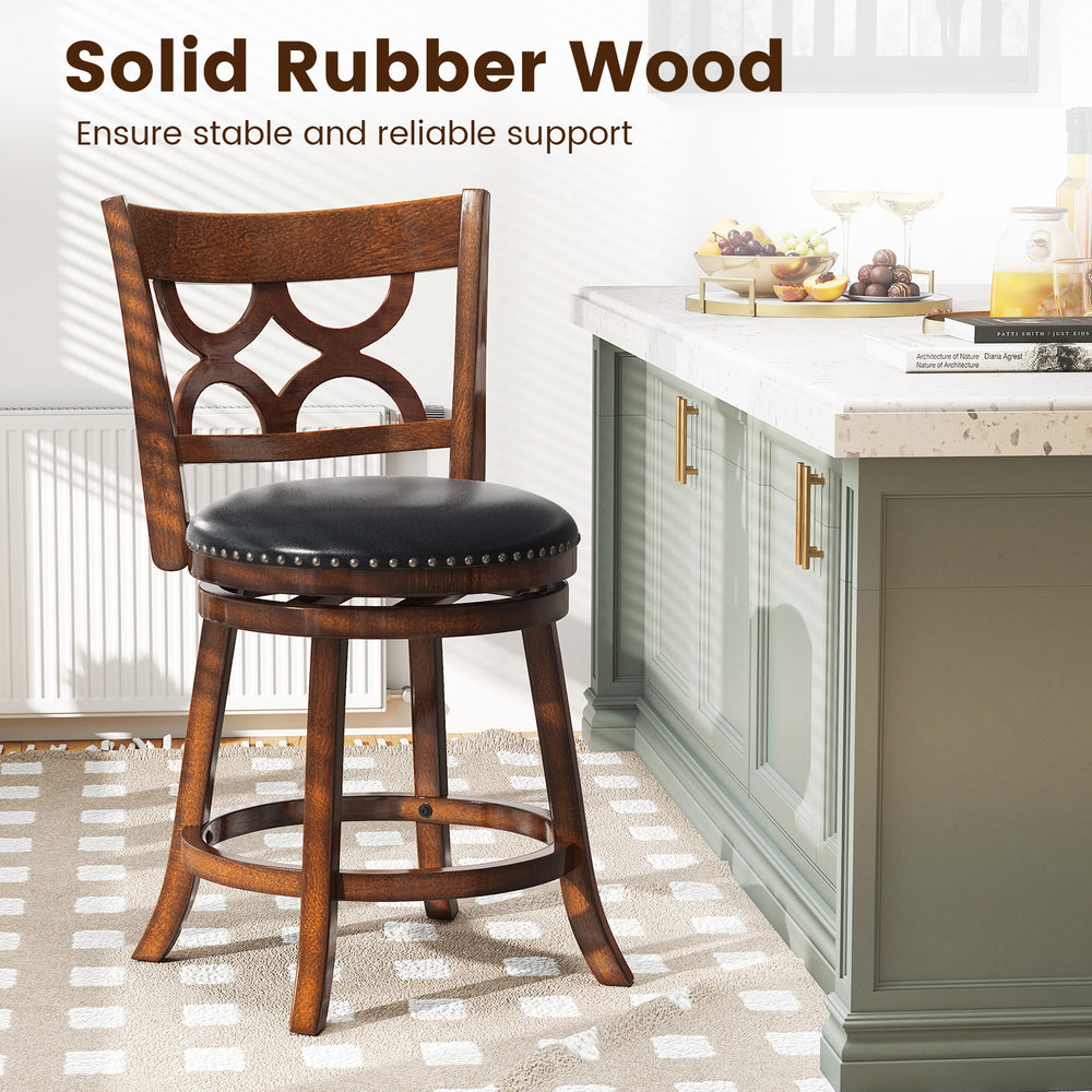 Swivel bar stool with solid rubber wood frame, 360° swivel seat, and high backrest for kitchen island seating.