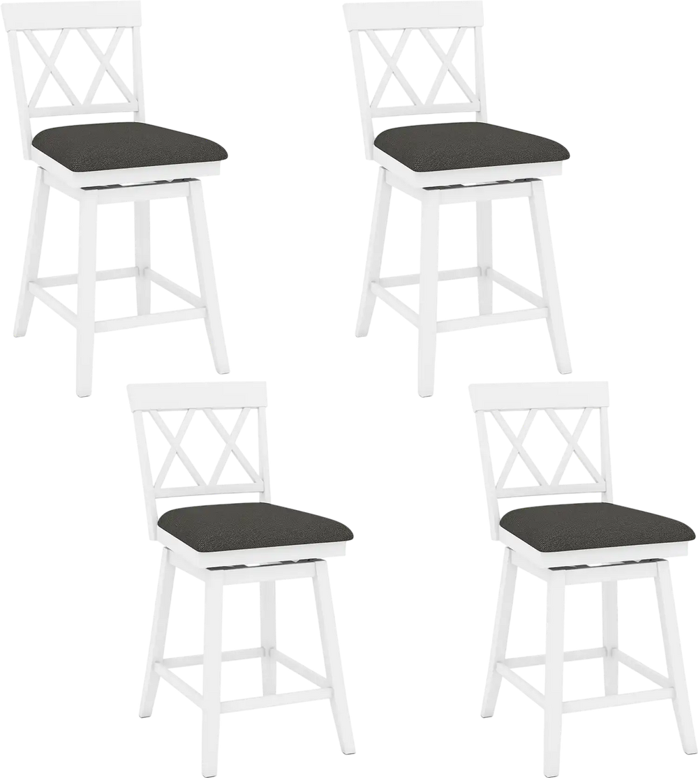 Set of 4 swivel bar stools with backrest and upholstered seat cushions, 24 inches high, ideal for dining and bars.