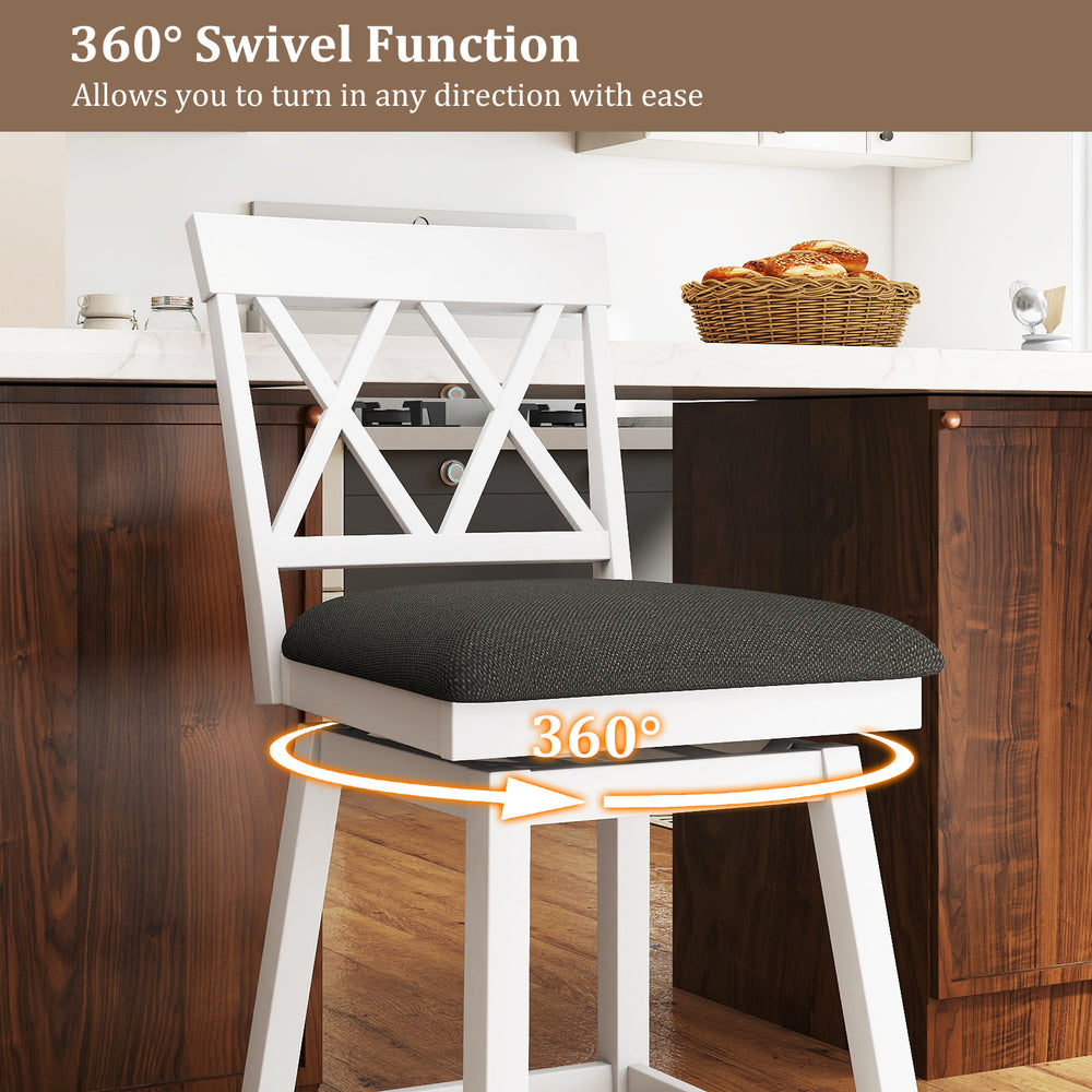 360° swivel bar stool with a cushioned seat and ergonomic backrest, perfect for dining areas and bars.