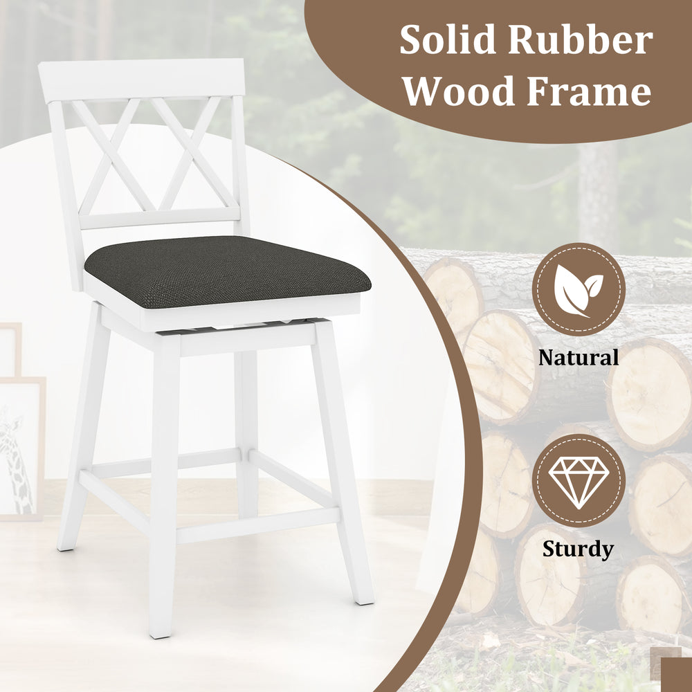 Swivel bar stool with a solid rubber wood frame and upholstered seat cushion, perfect for dining areas and bars.