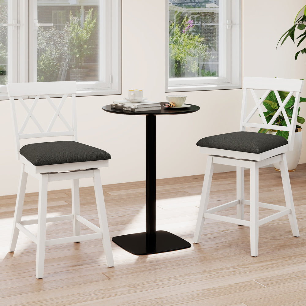 Set of two swivel bar stools with backrest and upholstered seat cushions, perfect for dining areas or bars.