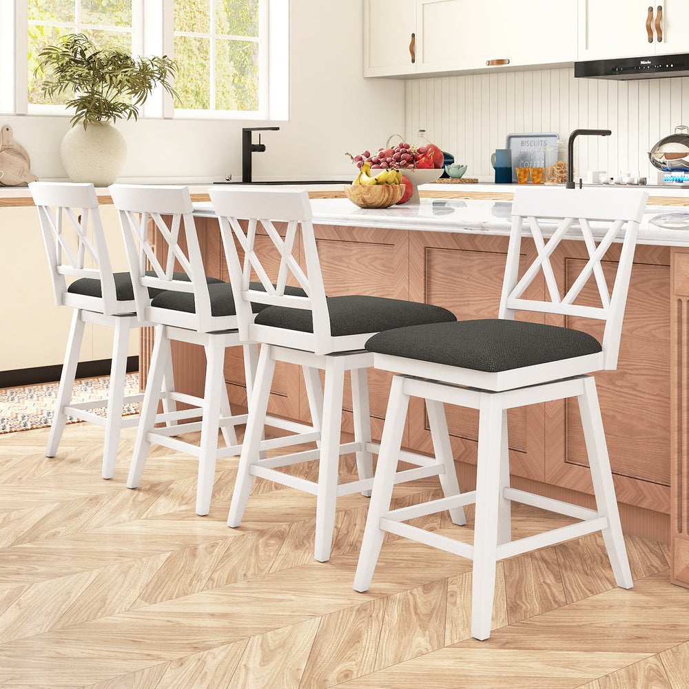 Set of 4 swivel bar stools with backrest and upholstered seat cushions, featuring a white rubber wood frame for kitchen.