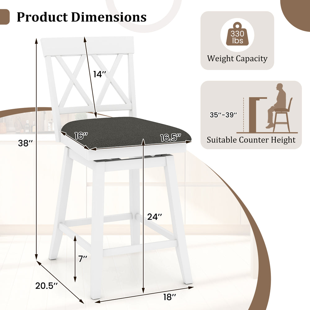 Counter height swivel bar stool with backrest, upholstered seat cushion, and ergonomic design for dining and bars.