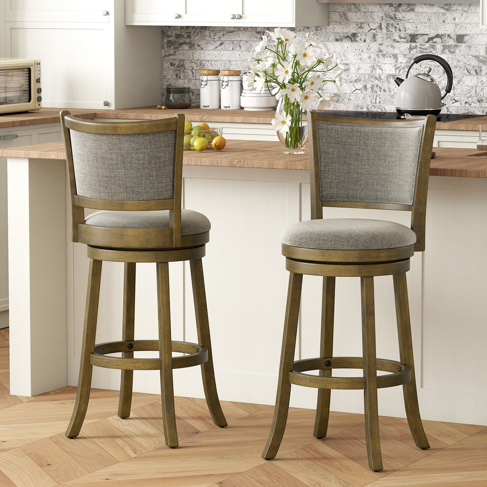 Set of 2 swivel bar stools with soft-padded seats and curved backs, perfect for kitchen or dining areas.