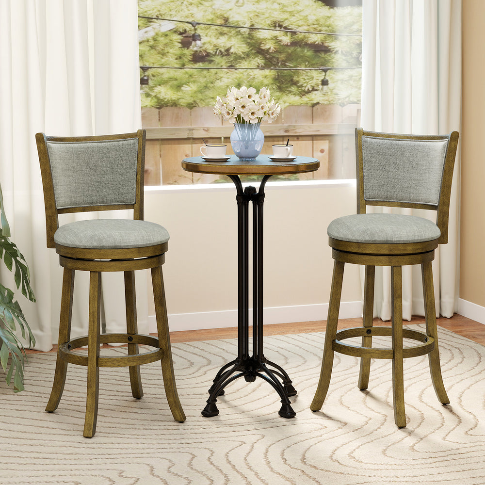 Set of 2 swivel bar stools with soft-padded seats, rubber wood frame, and breathable linen fabric for comfort.