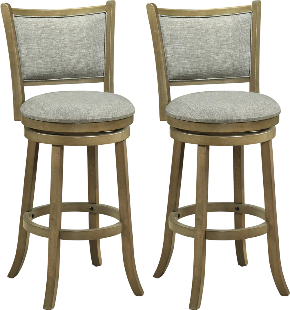 Set of 2 swivel bar stools with soft-padded seats and backs, crafted from rubber wood for comfort and stability.