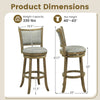 Swivel bar stool dimensions showing a soft-padded seat and curved backrest, crafted from rubber wood for stability.