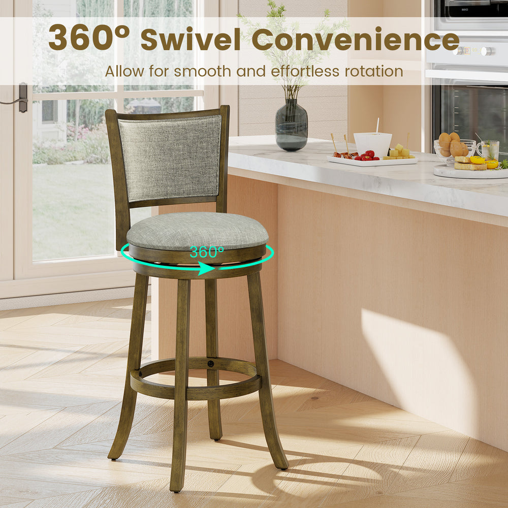 Swivel bar stool with soft-padded seat and curved backrest, featuring a 360° swivel for versatile seating.