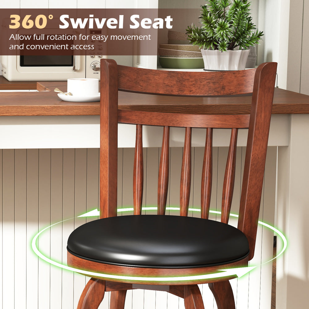 Swivel bar stool with 360° seat, faux leather upholstery, and curved backrest for kitchen island or home bar use.