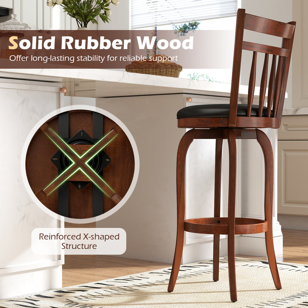 Swivel bar stool with solid rubber wood, faux leather upholstery, and reinforced X-shaped structure for kitchen island.