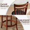 Curved backrest and wrap-around footrest of swivel bar stools enhance comfort for extended seating in a stylish design.