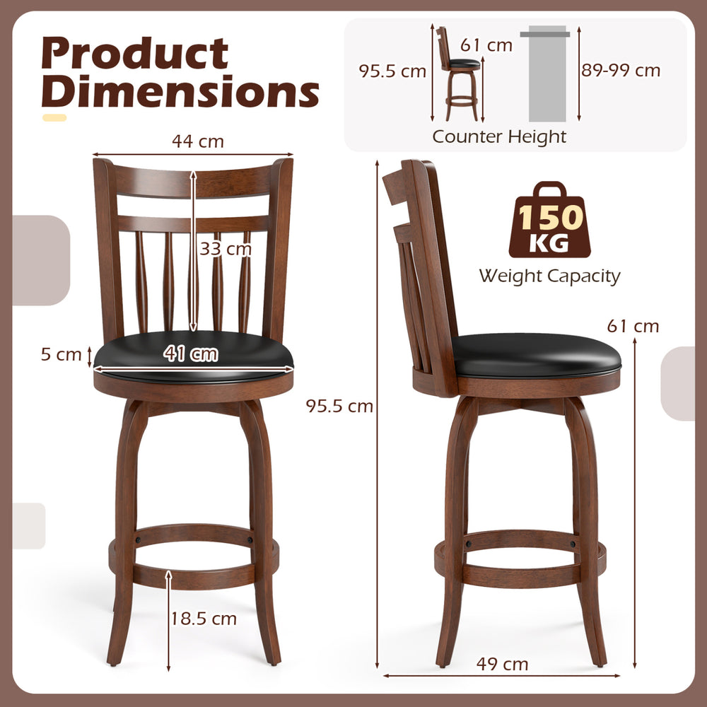 Counter height swivel bar stool with faux leather upholstery, curved backrest, and solid rubber wood for kitchen.