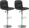 Set of 2 black swivel bar stools with adjustable height, metal base, and footrests for kitchen or dining room use.