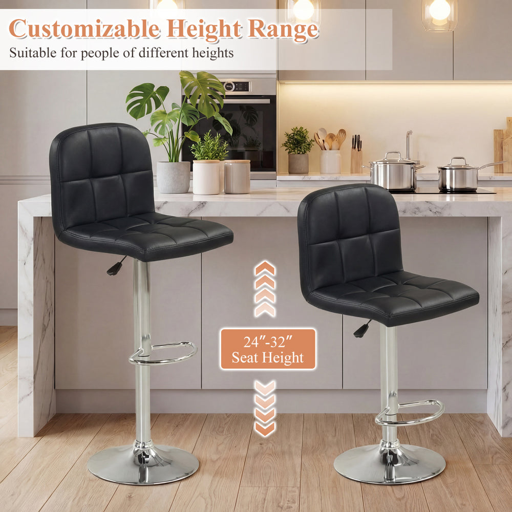 Set of 2 black swivel bar stools with adjustable height, footrests, and metal bases, perfect for kitchens and dining.