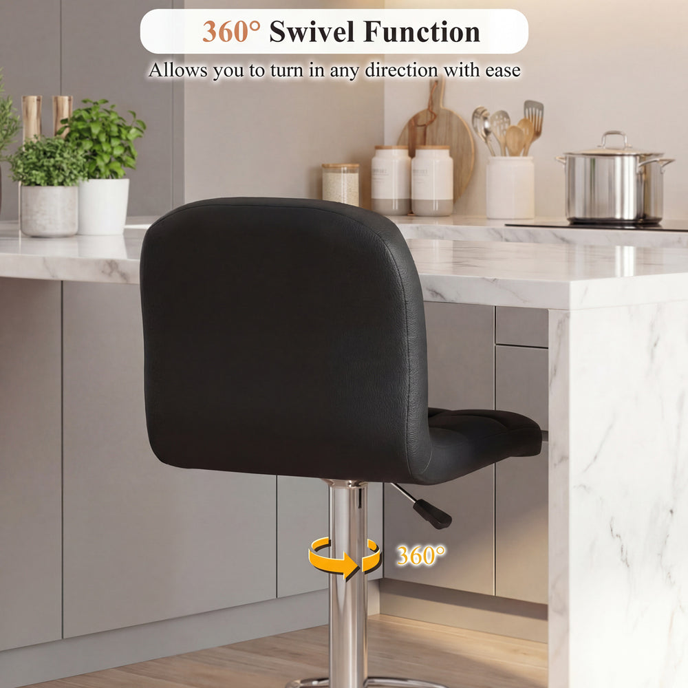 Black swivel bar stool with adjustable height, faux leather seat, and metal base, perfect for kitchens and dining areas.