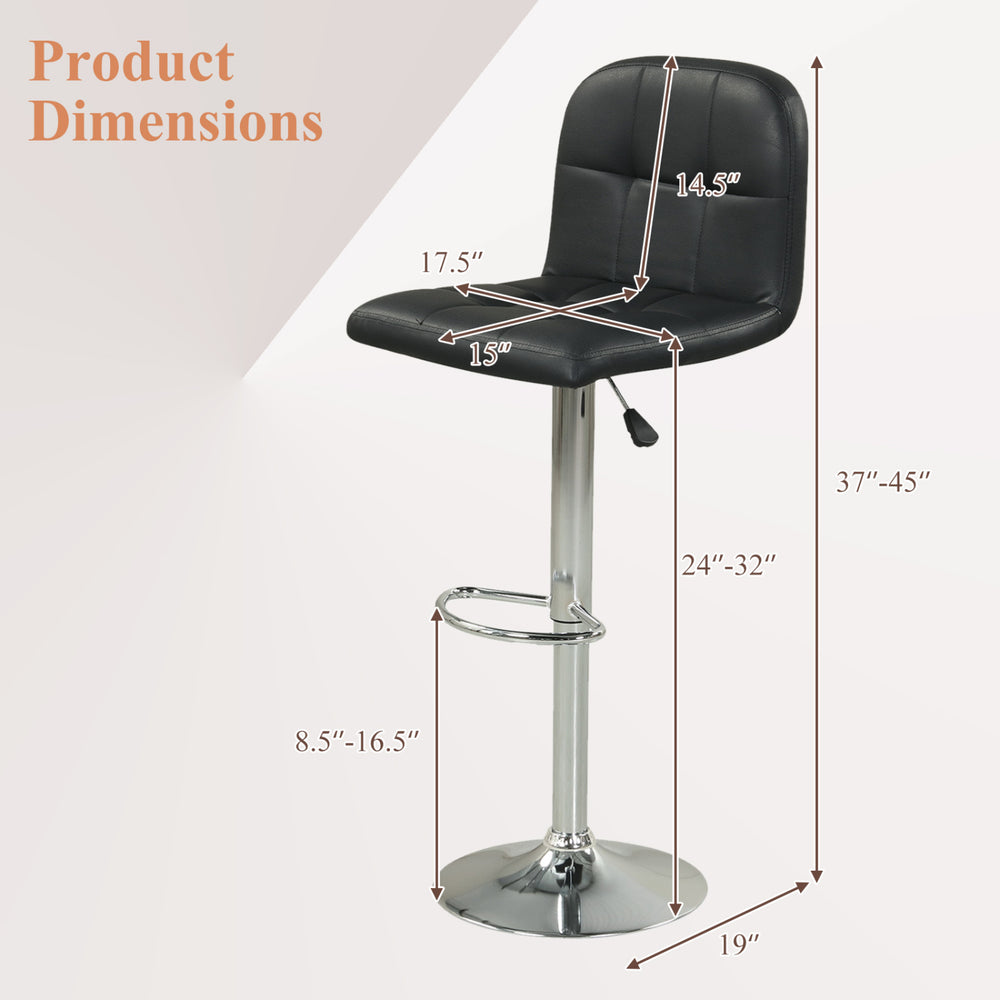 Adjustable swivel bar stool dimensions with a black faux leather seat and metal base, suitable for kitchens and dining.