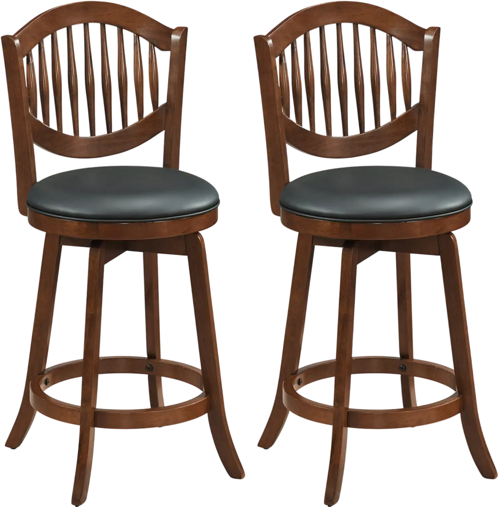 Set of 2 swivel bar stools with wood frame and backrest, featuring 360° rotation and comfortable PVC leather seats.