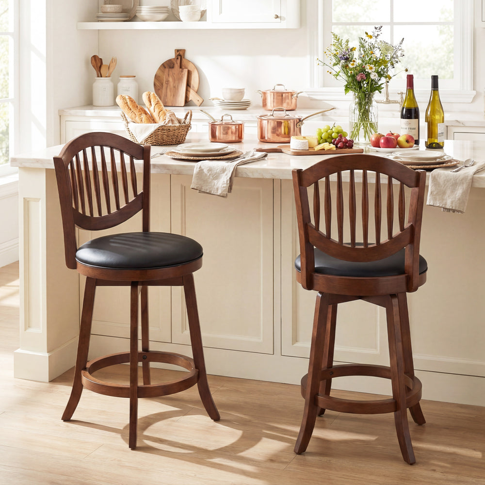 Set of 2 swivel bar stools with curved backrests and rubber wood frames, ideal for kitchen islands and dining rooms.
