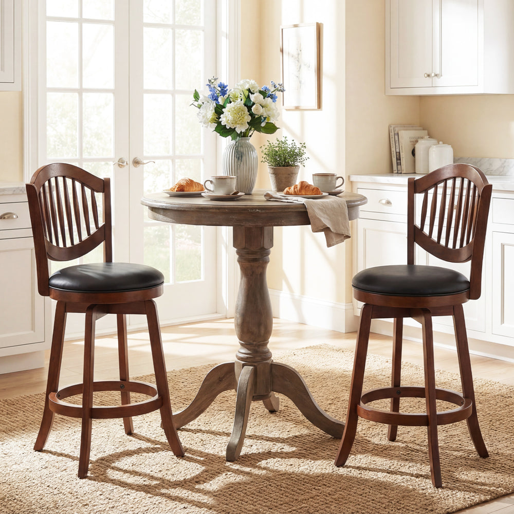 Set of 2 swivel bar stools with backrest, wood frame, and black seats, ideal for kitchen islands or dining rooms.