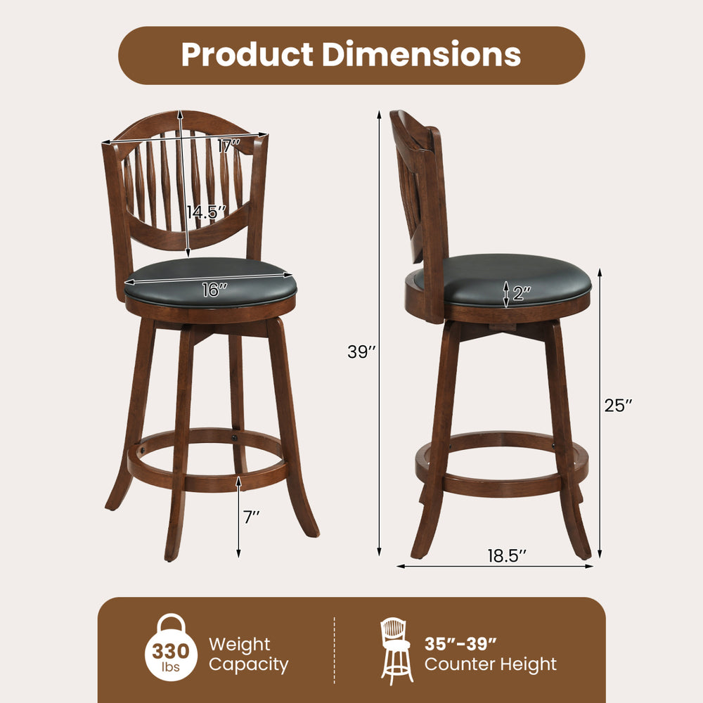 Swivel bar stool with backrest, 25-inch seat height, solid wood frame, ideal for kitchen islands and dining rooms.