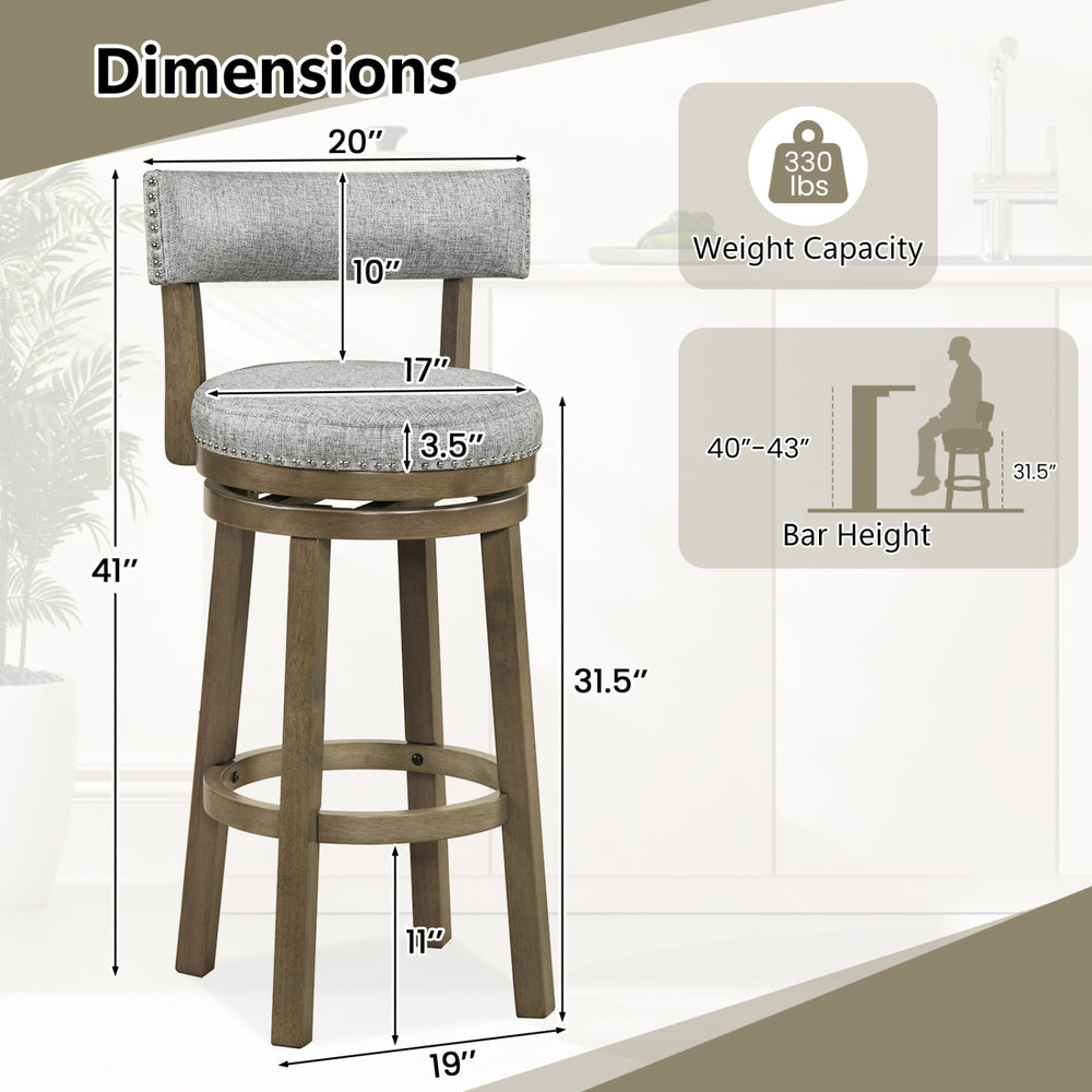 Swivel bar stool with cushioned seat and curved backrest, 31.5-inch height, ideal for kitchen islands or home bars.