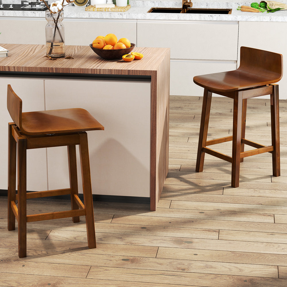 24.5 Inch Swivel Wooden Bar Stools Set of 2 with Rubber Wood Legs and Low Back-Walnut - Gallery View 1 of 9
