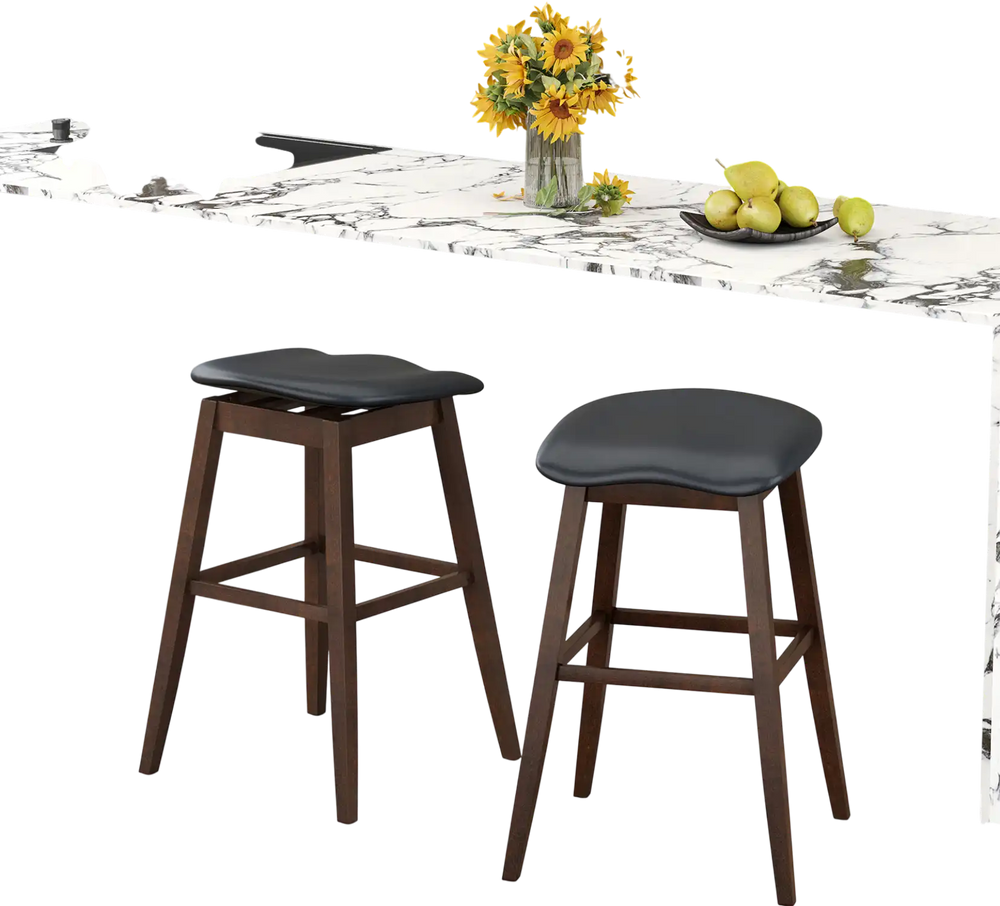 Set of 2 swivel bar stools with padded black seats and brown rubber wood legs, ideal for kitchens and dining areas.