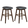 Set of 2 swivel bar stools with padded contoured seats in black and brown, featuring rubber wood legs and footrests.