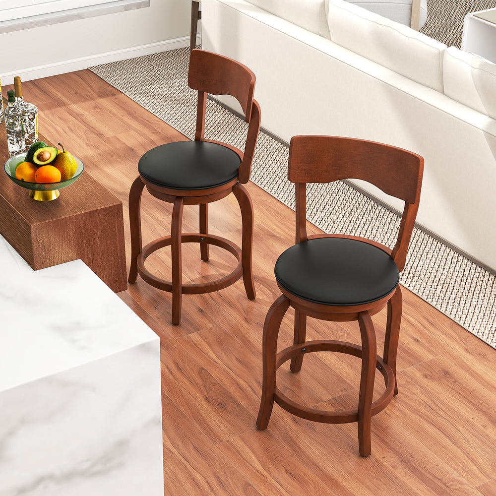 Single swivel bar stool featuring a rubber wood frame and upholstered seat, showcasing a comfortable curved backrest.