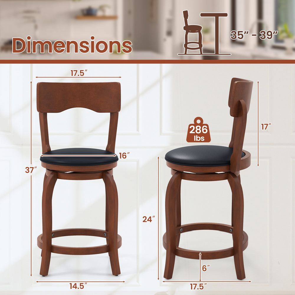 Swivel bar stool with rubber wood frame and upholstered seat, featuring a curved backrest for comfort and support.