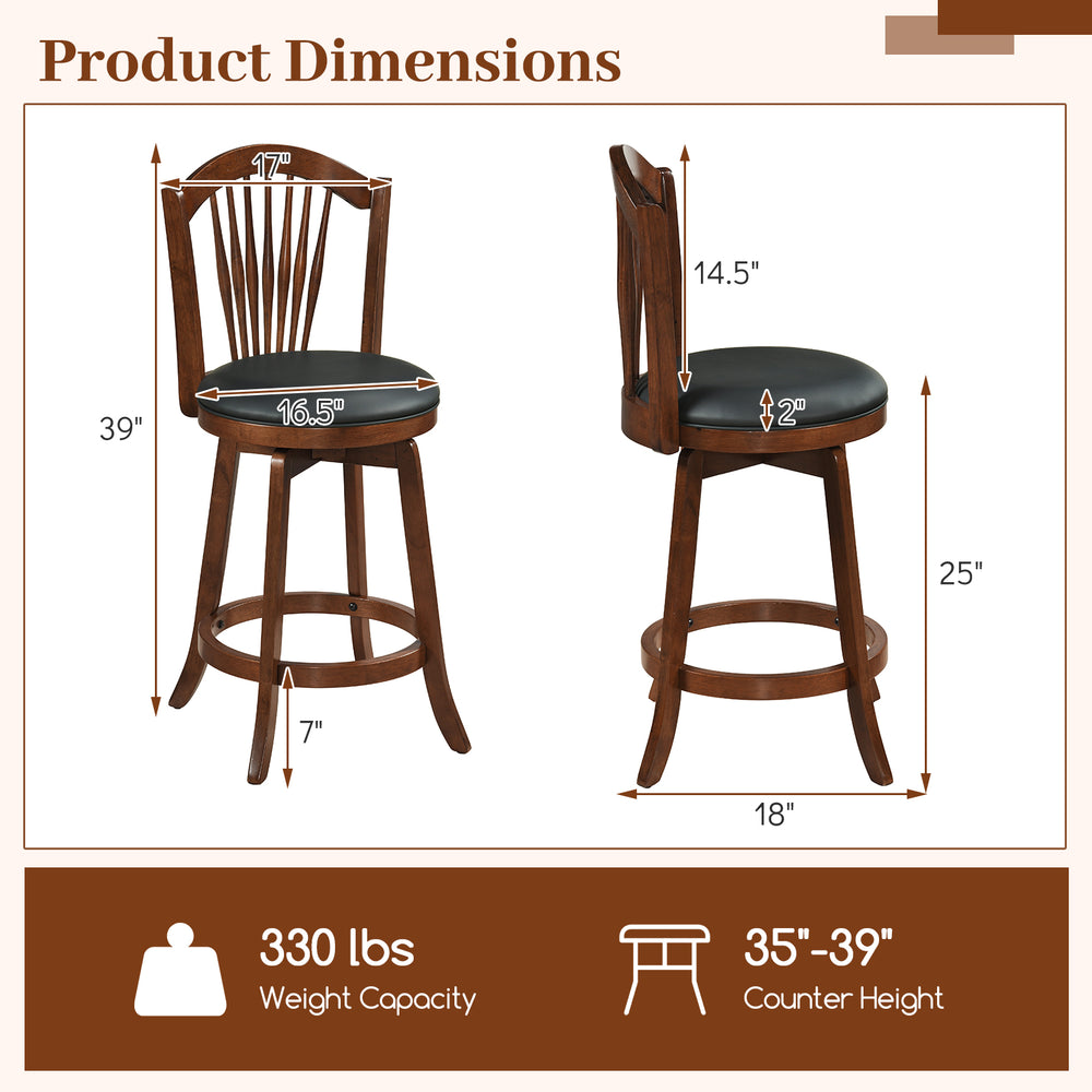 Swivel bar stool with backrest, 24-inch height, solid wood frame, designed for kitchen islands and dining rooms.