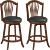 Set of two 24-inch swivel bar stools with wood frames and curved backrests, ideal for kitchen islands and dining rooms.