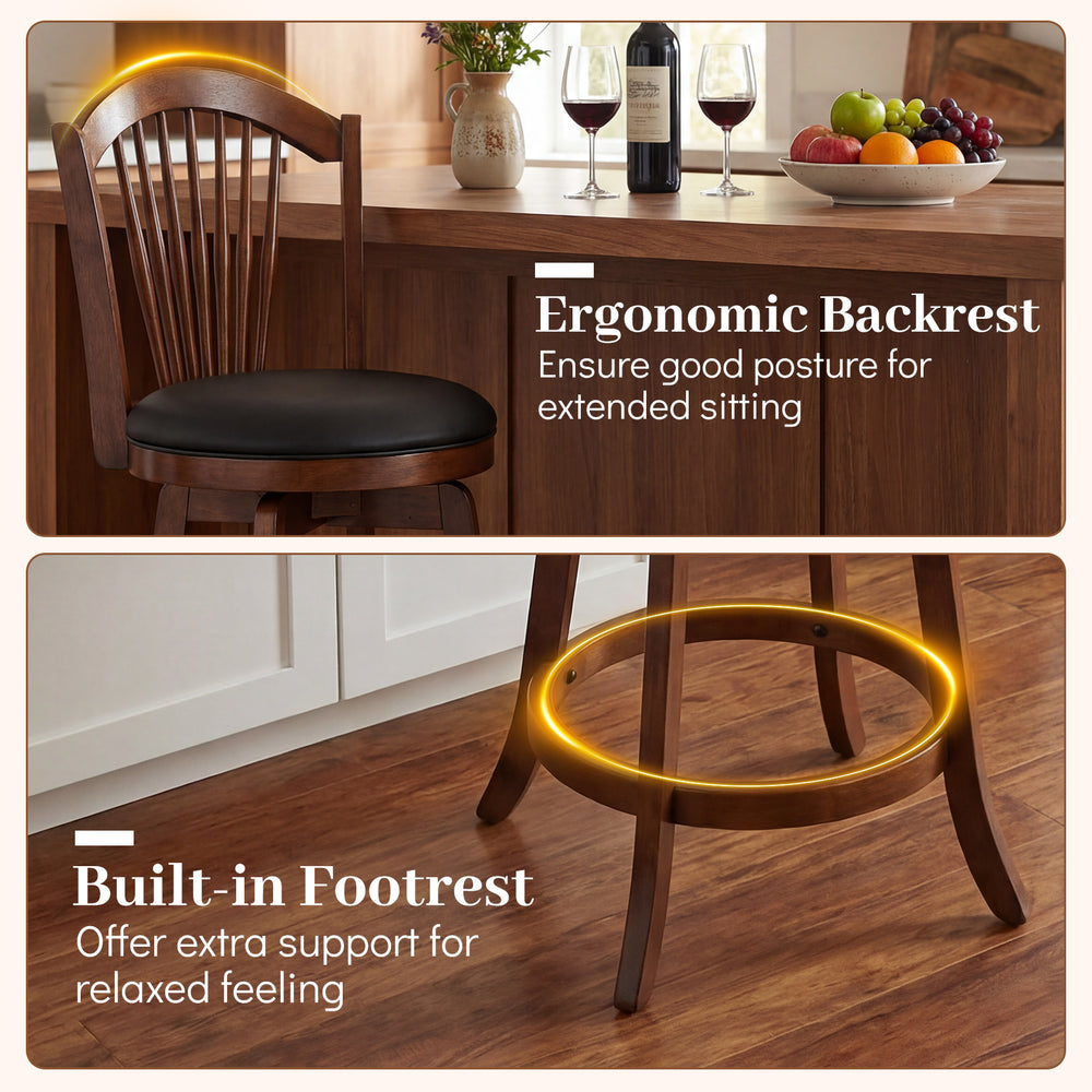 Swivel bar stool with ergonomic backrest and built-in footrest, designed for comfort and support in kitchen islands.