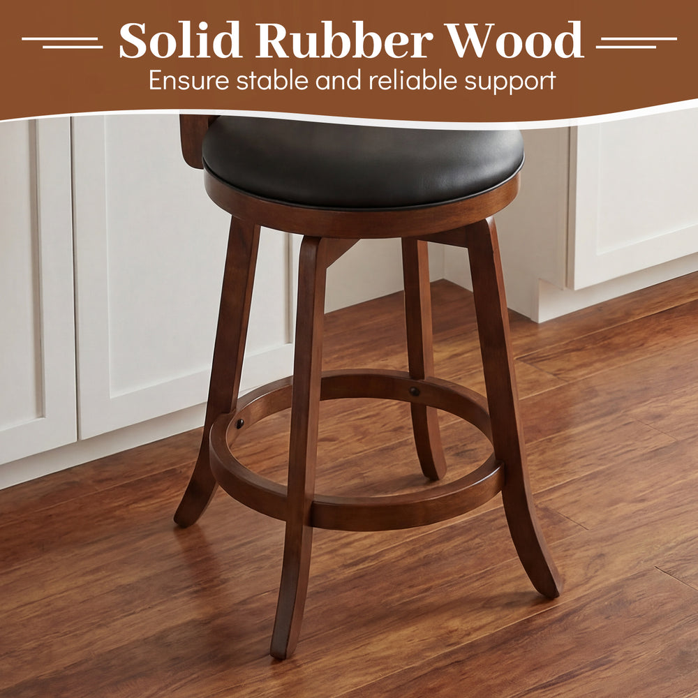 Swivel bar stool with a solid rubber wood frame and backrest, designed for kitchen islands and dining rooms.