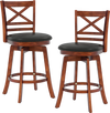 Set of 2 swivel barstools with backrest and footrest, made of solid rubberwood and waterproof PU leather, for kitchen.
