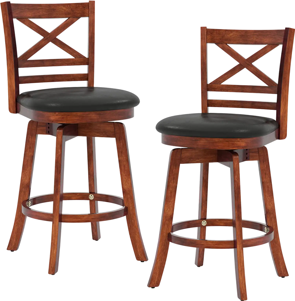 Set of 2 swivel barstools with backrest and footrest, made of solid rubberwood and waterproof PU leather, for kitchen.