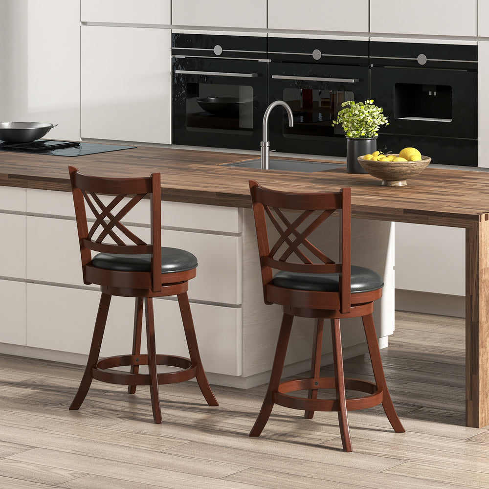 Set of 2 360° swivel upholstered barstools with backrest and footrest, featuring rubber wood for kitchen or home bar.