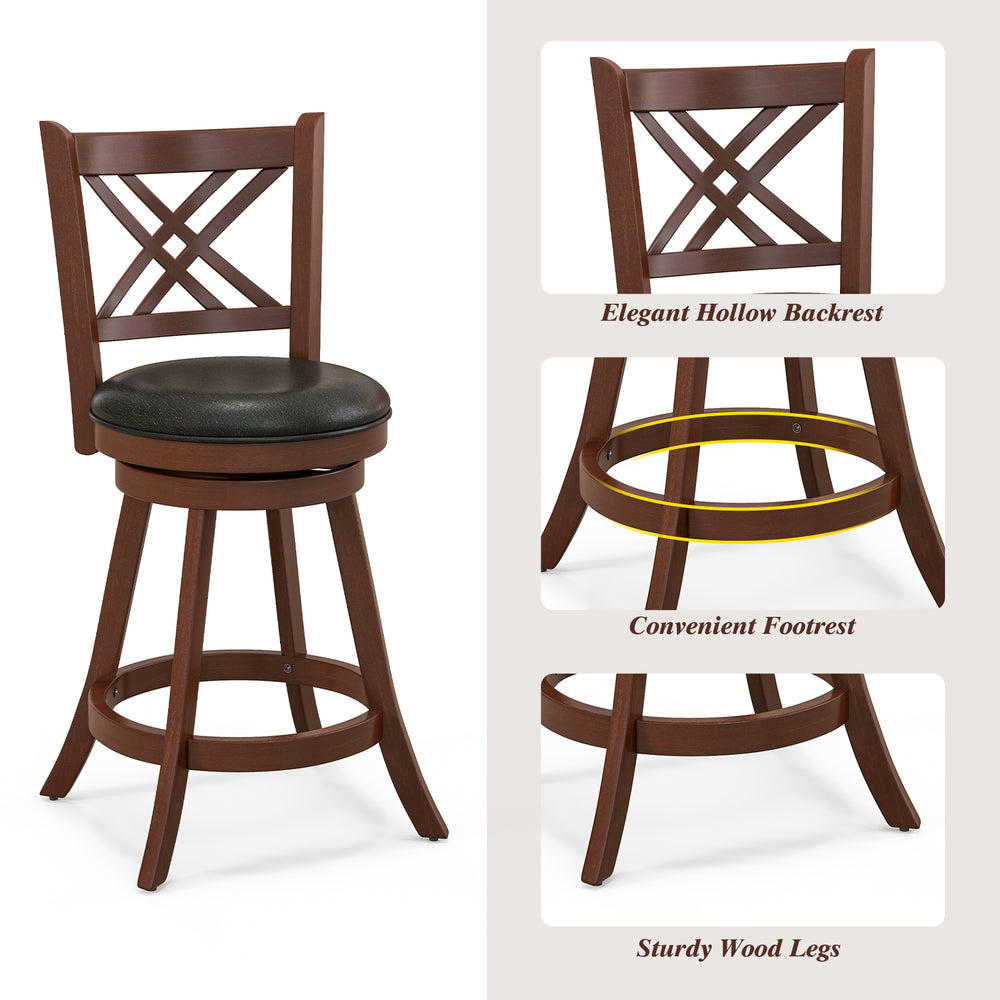 360° swivel upholstered barstool with a hollow backrest and footrest, made of durable rubber wood for kitchen or dining.