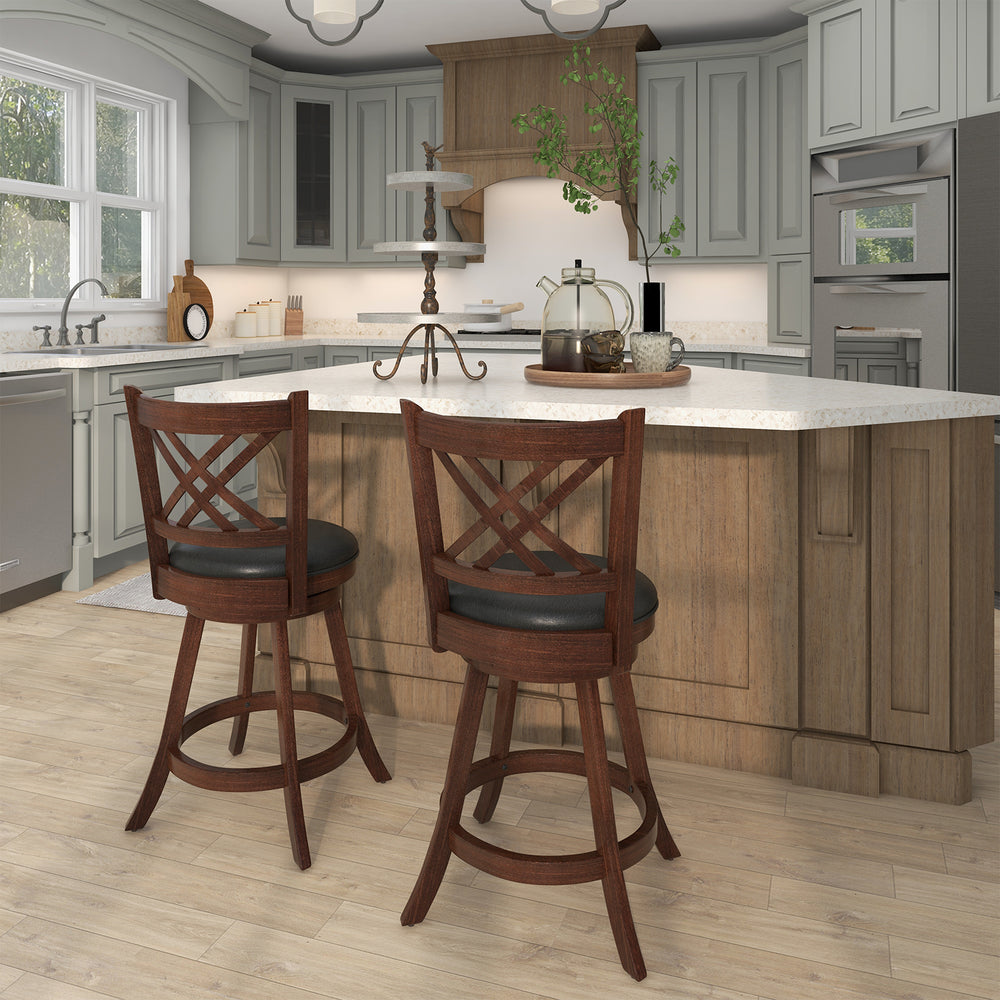 Set of 2 360° swivel upholstered barstools with backrest and footrest, featuring durable rubber wood for kitchen use.