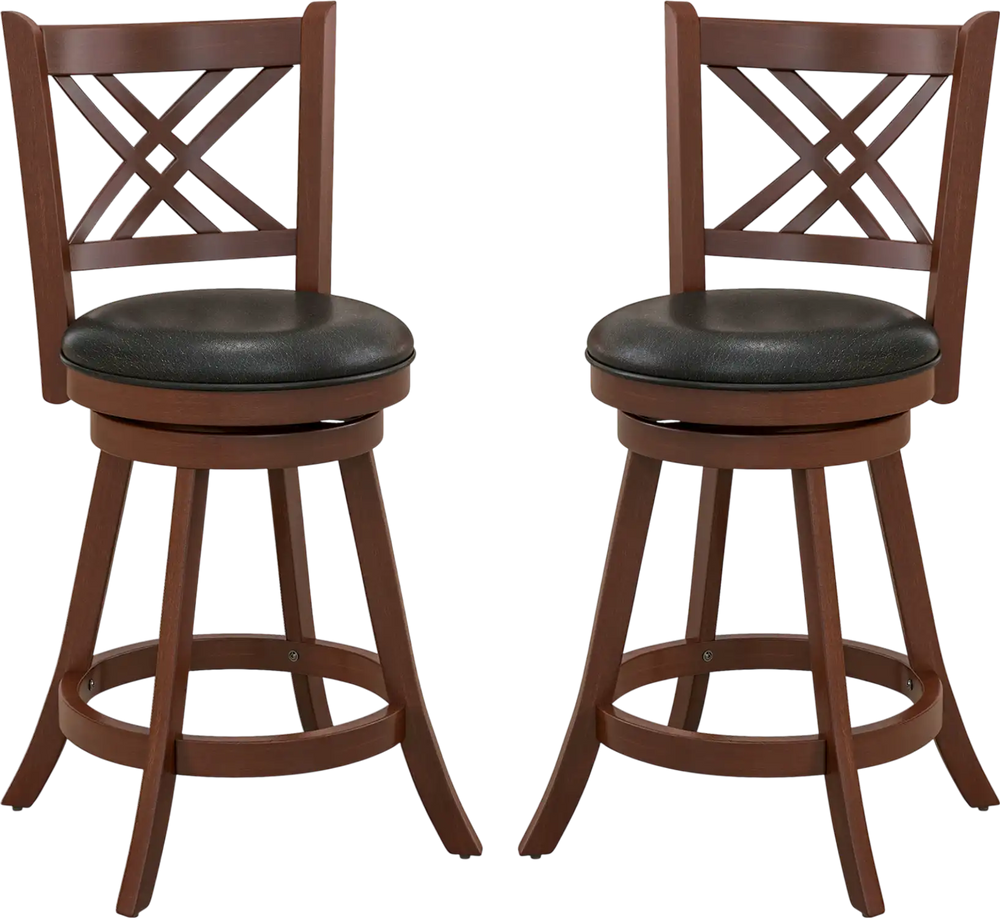 Set of 2 360° swivel upholstered barstools with backrest and footrest, featuring durable rubber wood and farmhouse.