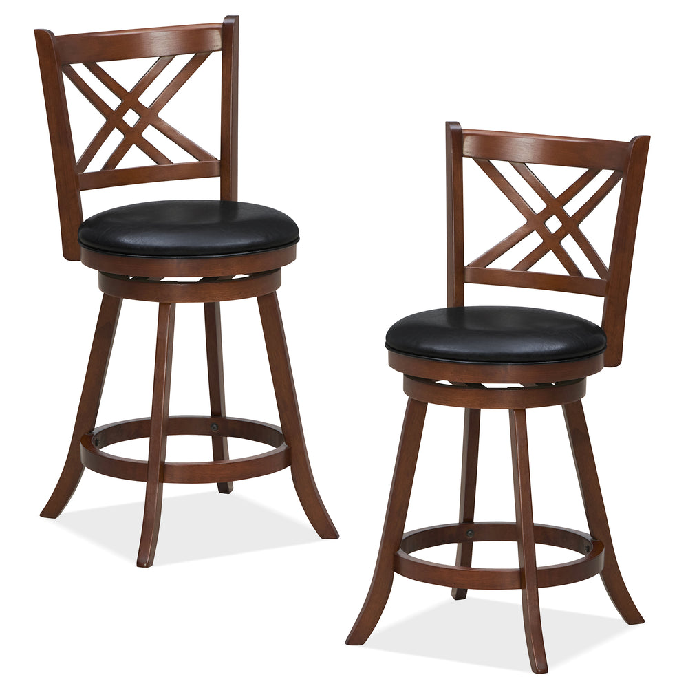 Set of 2 360° swivel upholstered barstools with backrest and footrest, featuring durable rubber wood in farmhouse style.