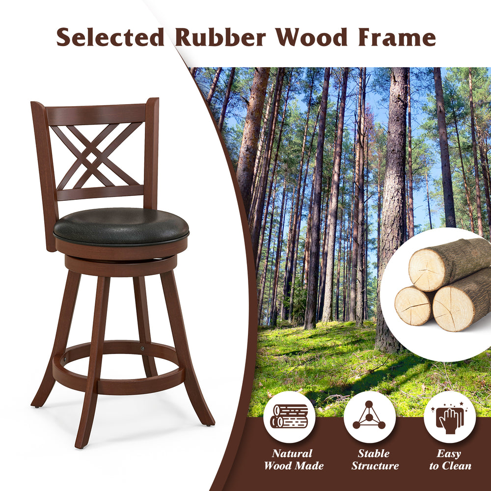 360° swivel upholstered barstool with rubber wood frame, soft PU cover, and footrest, ideal for home bar or kitchen.
