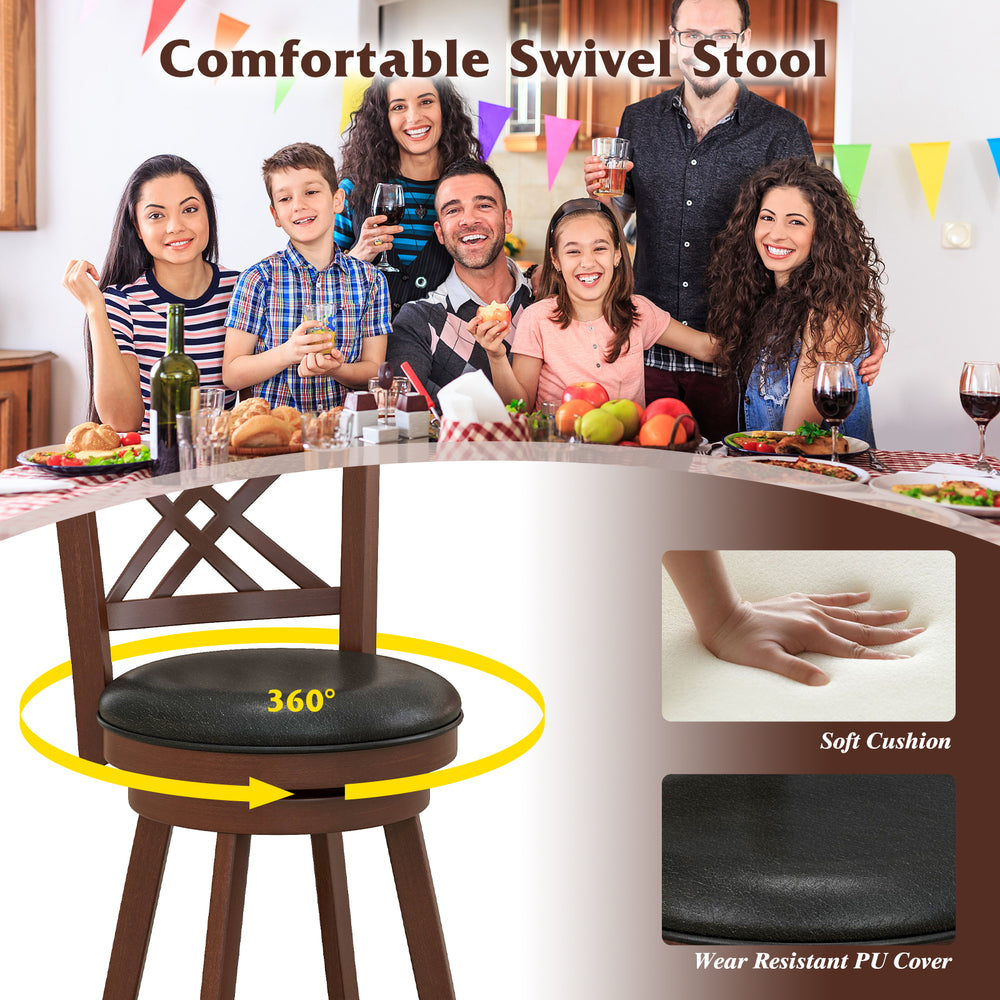 360° swivel upholstered barstool with soft cushion and backrest, perfect for home bar or kitchen gatherings.