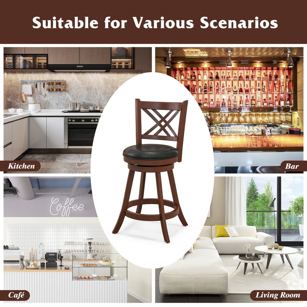 360° swivel upholstered barstool set of 2 in farmhouse style, featuring a backrest and footrest for kitchen or home bar.