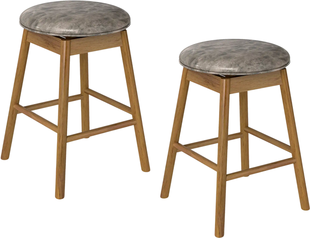 Set of 2 backless swivel counter height barstools with solid rubber wood legs and PU leather seats for kitchen islands.